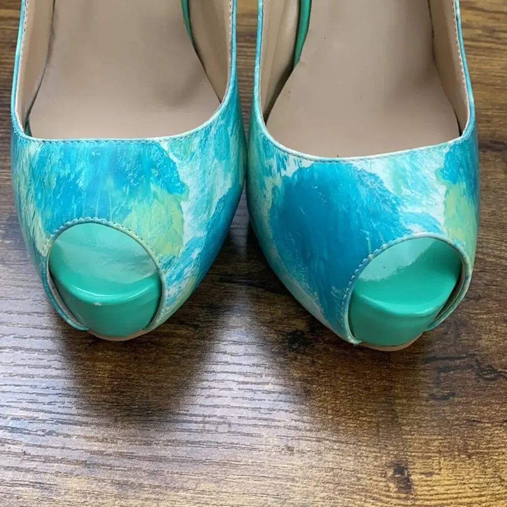 FSJ Blue & Green Abstract Paint Design Platform Slingback 5.5” + Heel - Picture 4 of 12